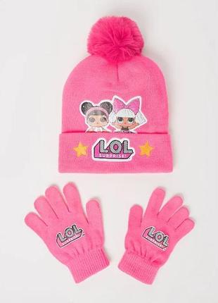 Шапка та рукавички для дівчинки рожеві лол george 2748