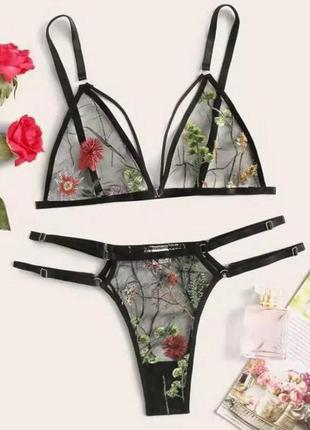 Комплект прозорої чорної білизни з різною вишивкою трусики регулюються xs s m l