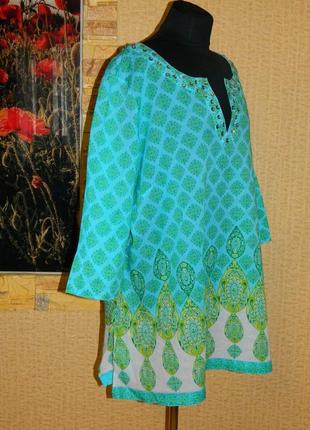 Туника блуза голубая с зелеными листиками размер 56-58 kate hill