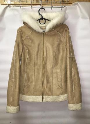 Куртка дубленка с капюшоном мехом из искусственного замша замшевая осенняя осень