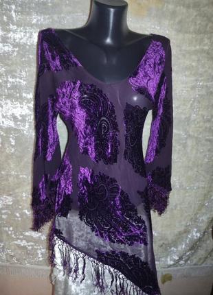 Асиметрична туніка в стилі бохо з оксамитовим візерунком і бахромою