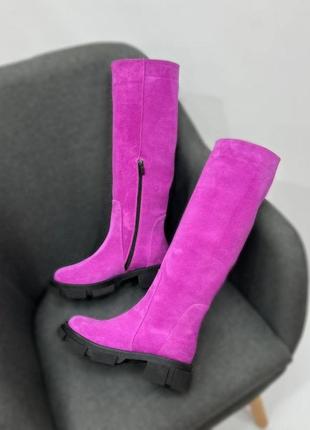 Яскраві малинові чоботи alfa 🐺 труби натуральний замш шкіра зима осінь