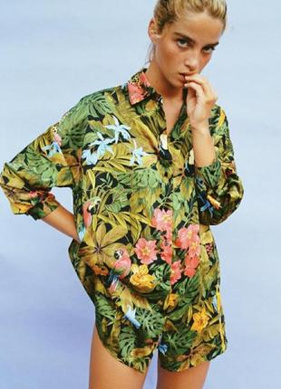 Zara подовжена оверсайз сорочка блуза в тропічний анімалістичний принт чорного зеленого кольорів розмір m l