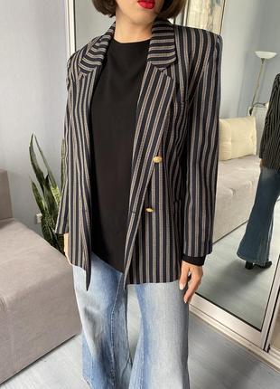 Стильний піджак в полочку синій двобортний осінній