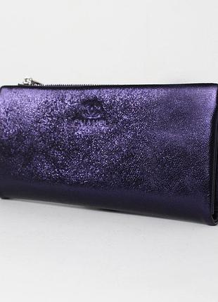 Гаманець жіночий на магніті шкіряний, срібний синій глянець 8216-3