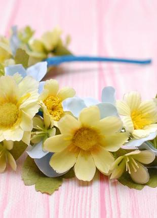 Обруч ободок з квітами жовто-блакитний4 фото