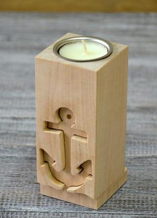 Свічник якір, чайна свічка, свічник дерев’яний, свічка у свічнику