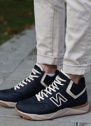 Стильні кросівки,черевики чоловічі шкіряні темно-сині зимові хутро+шкіра (зима 2022-2023)3 фото
