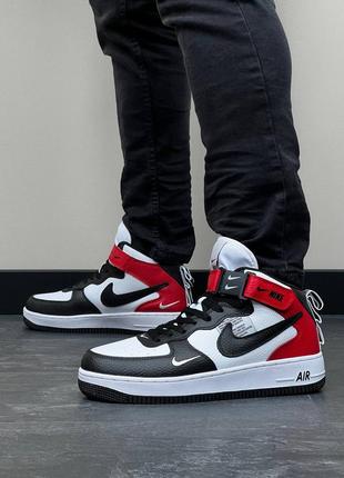 Nike air force mid utility black white red чоловічі високі кросівки найк чорно білі червоні мужские высокие топовые кроссовки черно белые красные