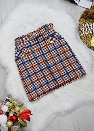 Спідниця в клітинку трапеція бежева міні