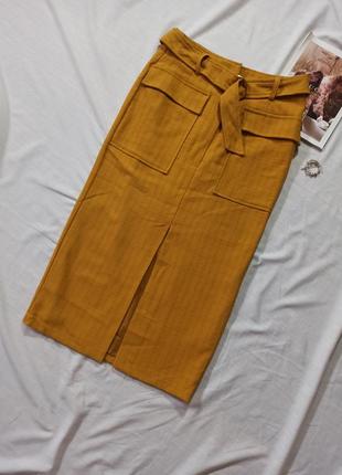 Горчичная юбка миди с поясом/с разрезом спереди/с большими карманами