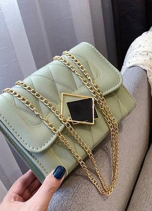 Женская мини сумочка клатч на цепочке, маленькая сумка через плечо зеленый10 фото