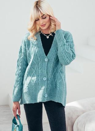 Жіночий в`язаний кардиган  з візерунком в ромби та коси оверсайз.🥥🥝🍠
