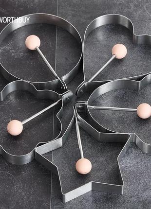 Формочки для жарки яиц и блинчиков серебро+розовый - в наборе 5шт. разных форм, металл1 фото