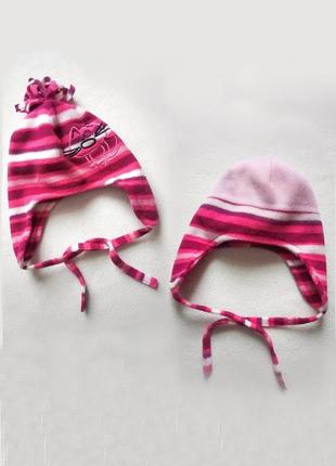 Детская двосторонняя шапочка с бумбоном на девочку 3-6 мес осенняя тёплая флисовая шапка деми осень