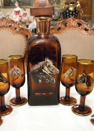 Старинный набор лошади графин рюмки 6 шт цветное стекло германия №ш17