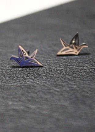 Крутые серьги гвоздики оригами журавль птица япония сережки медицинская сталь5 фото