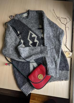 Свитер шерсть винтажный серый длинный теплый узор мохер m l xl