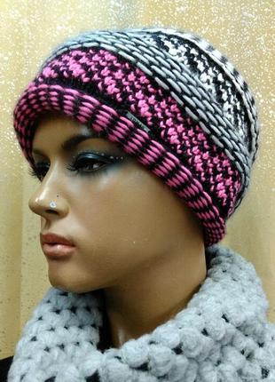 Женская шапка чалма perfect tm loman, двойная вязка, полушерстяная, цвет меланж с розовым, размер 56-59