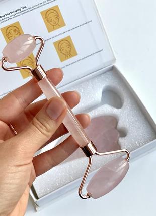 Набор скребок гуаша роллер набір гуаша ролер рожевий кварц