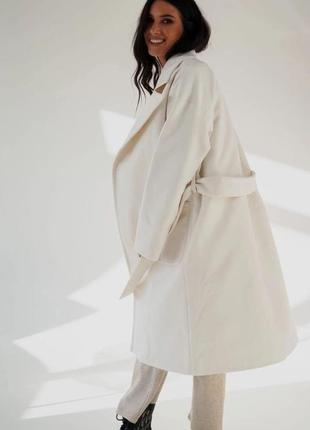 42-58р жіноче біле пальто вовна відкладний комір під пояс нижче колін на синтепоні і підкладці7 фото