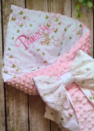 Плюшевый конверт - одеяло для девочки на выписку (деми), розовый2 фото