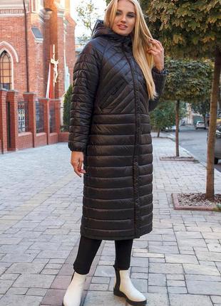 Куртка демисезонная длинная утеплитель силикон легкое стеганое пальто плащевка 44,46,48,50,52