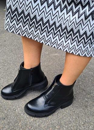 Женские черные ботинки с двумя молниями кожаные 36-417 фото