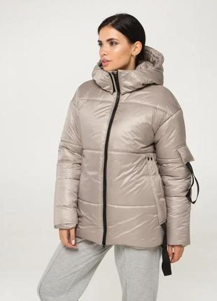 Модная светло-серая зимняя дутая куртка-пуховик размеры от 44 до 54