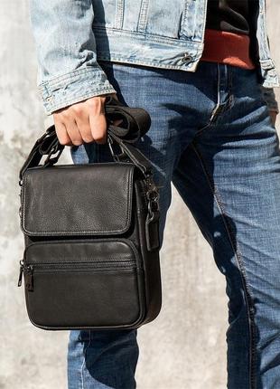 Мужская сумка через плечо натуральная кожа барсетка мужская кожаная сумка для документов планшет черная7 фото