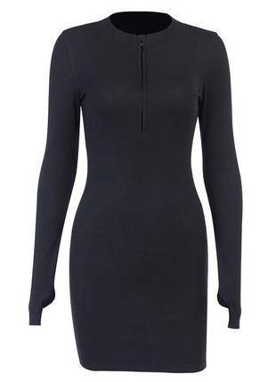 Трикотажное женское платье в рубчик. облегающее платье мини на молнии с длинным рукавом, размер m (черный)5 фото