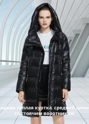 Пуховик зимний женский icebear. куртка теплая удлиненная с капюшоном на биопухе (черный)2 фото