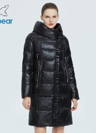 Пуховик зимовий жіночий icebear. куртка подовжена тепла з каптуром на биопухе (чорний)