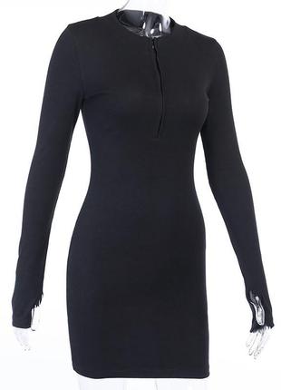 Трикотажное женское платье в рубчик. облегающее платье мини на молнии с длинным рукавом, размер m (черный)7 фото