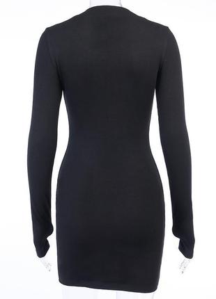 Трикотажное женское платье в рубчик. облегающее платье мини на молнии с длинным рукавом, размер s  (черный)6 фото
