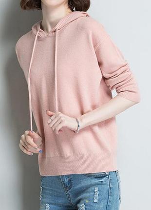 Худи свитшот женский вязаный с капюшоном. свитер реглан джемпер трикотажный (розовый)4 фото