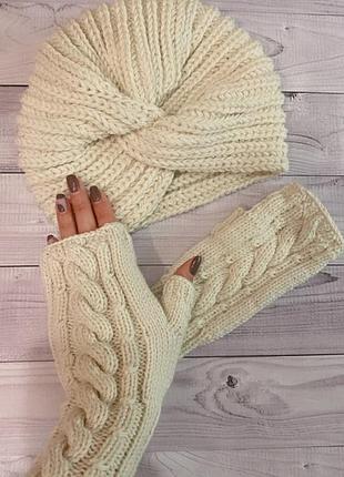 Митенки белые варежки вязаные молочные митенки рукавицы мохер шерсть ручная работа...