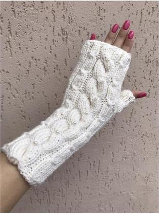 Мітенки білі рукавиці молочні мохер вовна рувачички шарфік ручна робота пов’язка6 фото