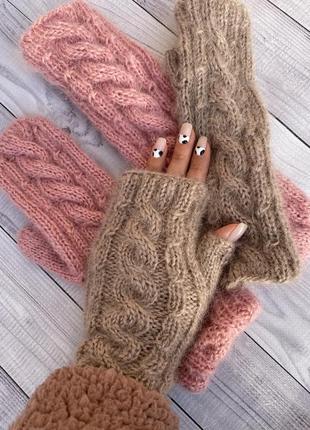 Митенки белые варежки вязаные молочные митенки рукавицы мохер шерсть ручная работа...