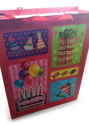 Пакет подарочный картонный с аппликацией "happy birthday" (30х38х12 см)