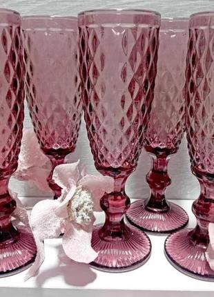 Набір келихів для шампанського з кольорового скла аргайл рожеві 150 мл 6 шт.