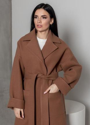Оверсайз демисезонное женское пальто-халат  "палермо" цвет карамель/коричневый6 фото