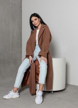 Оверсайз демисезонное женское пальто-халат  "палермо" цвет карамель/коричневый10 фото