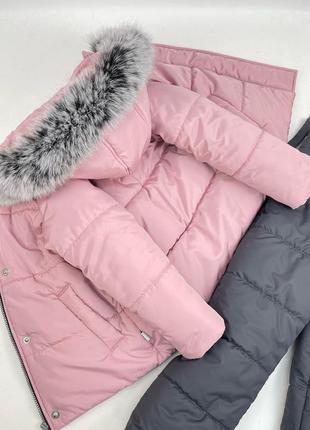 Зимовий комплект до -30 морозу курточка лілова та штани сірі з натуральною опушкою песця7 фото