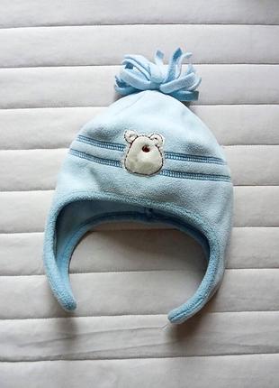 Детская тёплая флисовая шапочка с бумбоном на мальчика осенняя зимняя шапка флис осень зима 1-3 меc
