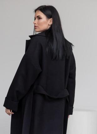 Бренд пальто жіноче, міді, з поясом, чорне, оверсайз, вовняне, демісезонне пальто - халат