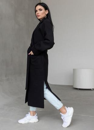 Бренд пальто женское, миди, с поясом, черное, оверсайз, шерстяное, демисезонное, пальто - халат7 фото
