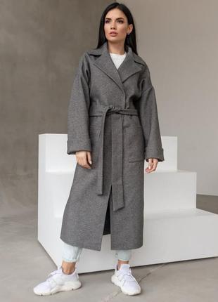 Бренд пальто жіноче, міді, з поясом, сіре, оверсайз, вовняне, демісезонне, пальто — халат6 фото
