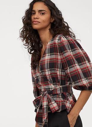 Блузка в клітинку з пишними рукавами/з запахом/h&m/38/m