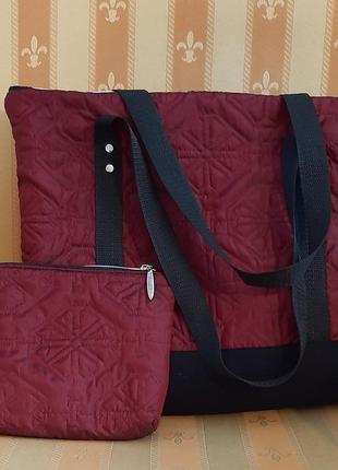 Сумка шопер + сумочка в подарунок з стьобаної плащової тканини бордового кольору